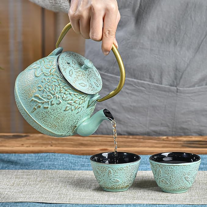 Sungmor Cast Iron Japanese Tetsubin Tea Kettle with Infuser - Stovetop Safe, Enameled Interior - 32 Ounce Light Green Teapot with Salix Leaf Pattern