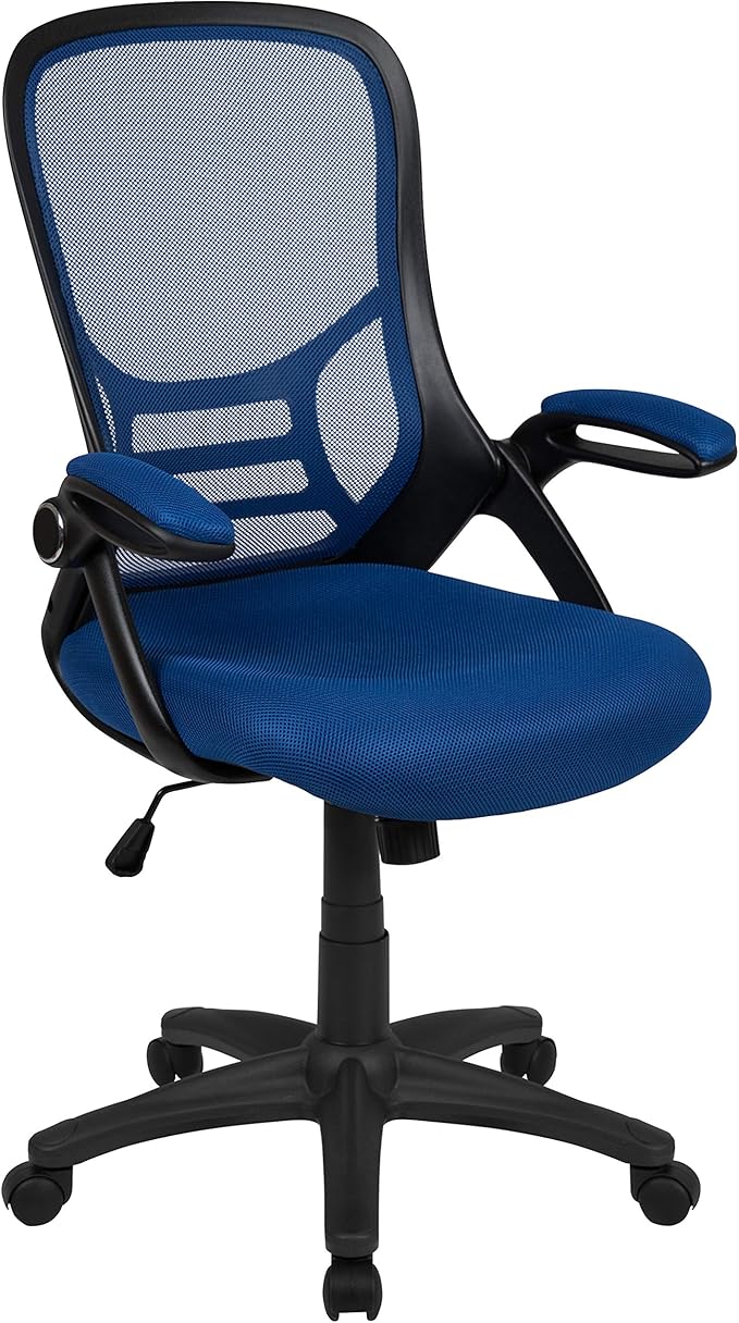 Flash Furniture Porter High-Back Swivel Office Chair with Adjustable Lumbar Support and Seat Height, Ergonomic Mesh Desk Chair with Flip-Up Armrests, Blue/Black