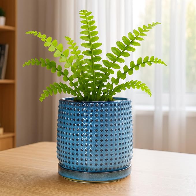 D'vine Dev 6 Inch Ceramic Beaded Stoneware Planter Pot - Flower Pot with Drainage Holes and Saucers for Indoor Succulent Plants or Flowers, Ocean Teal, 27-C-X-8