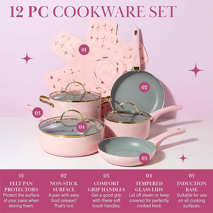 Paris Hilton Epic Nonstick Pots and Pans Set, Multi-layer Nonstick Coating, Tempered Glass Lids, Soft Touch, Stay Cool Handles, Made without PFOA, Dishwasher Safe Cookware Set, 12-Piece, Pink