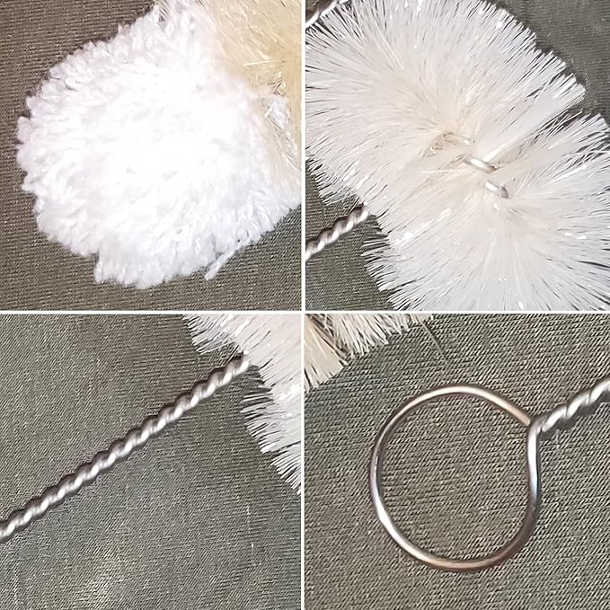 Coralpearl Bottle Brushes Thin Long Handle X 2, Skinny Wire Cleaner Set in Stainless Steel with Natural Boar Bristle at Wool Tip, Bendable Flexible for Cleaning Narrow Neck Bottles, Pipe, Tube, Hose