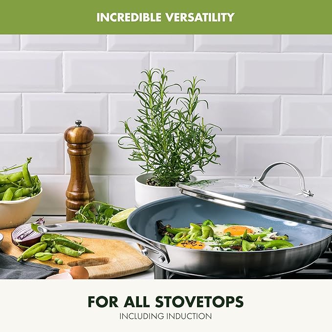 GreenPan Treviso Stainless Steel Healthy Ceramic Nonstick, 12" Frying Pan Skillet with Lid, PFAS-Free,Clad, Induction, Dishwasher Safe, Silver