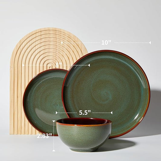 Stoneware Dinnerware Sets for 6, Microwave Safe Plate and Bowl Set, Easy to Clean & Durable Dishes Sets for Small to Medium Families, Sage Green