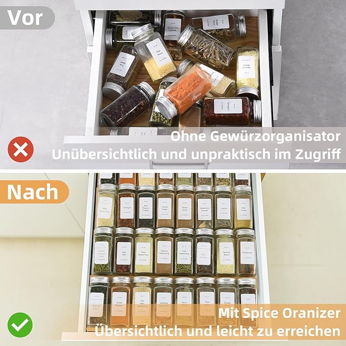 Spice Drawer Organzier,4 Tiers- 8Pcs Bamboo Spice Rack Tray Insert for Cabinet Drawer Countertop, Kitchen Seasoning Storage Drawer Organization,18" Wide x 15.8" Deep (Hold UP To 40 Jars