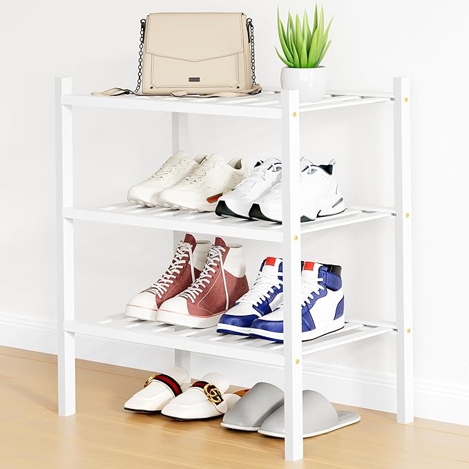 Smiry Shoe Rack, 3 Tier Small Bamboo Shoe Organizer, Stackable Free Standing Wooden Shoe Storage Shelf for Closet, Entryway, Front Door Entrance, White
