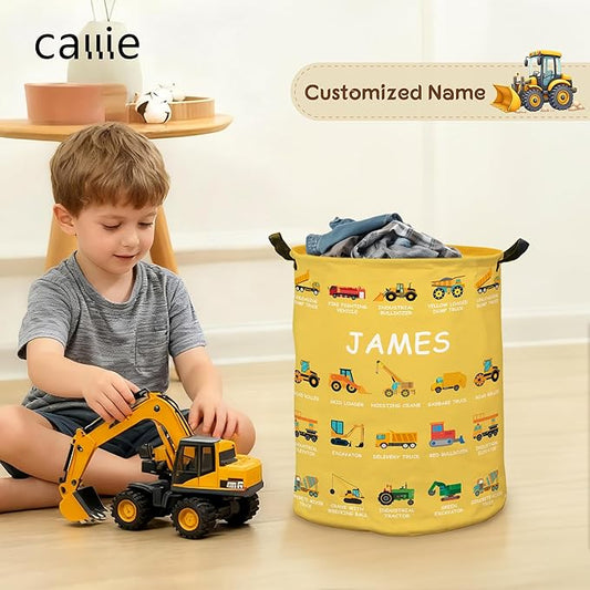 callie Personalized Truck Excavator Laundry Basket for Kids Boys, Waterproof Collapsible Laundry Hamper, Clothes Toys Storage Bin for Bedroom Nursery (13.8" x 16.5", 15.7" x 19.6")