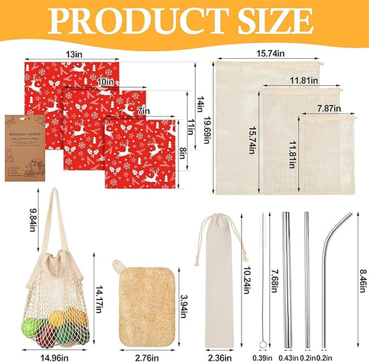 Remerry 13 Pcs Zero Waste Gift Set Beeswax Wraps, Reusable Farmers Market Bags, Mesh Bags, Straws Kit and Natural Loofah Dish Tool Christmas Kitchen Gifts