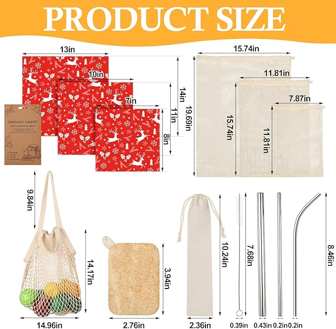 Remerry 13 Pcs Zero Waste Gift Set Beeswax Wraps, Reusable Farmers Market Bags, Mesh Bags, Straws Kit and Natural Loofah Dish Tool Christmas Kitchen Gifts