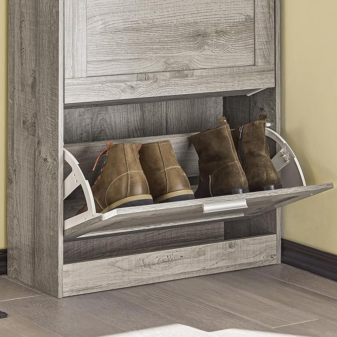 Shoe Cabinet for Entryway, 2-Tier Flip Drawer Shoe Storage Cabinet with Dividers, Shoe Organizer for Small Spaces, Narrow Shoe Rack, Slim Shoe Rack Freestanding, Grey, HUS-FSR137