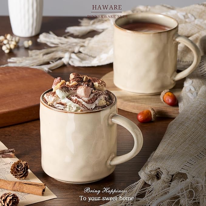 HaWare 14OZ Coffee Mugs Set of 4, Stoneware Coffee Cups with Handle, Latte Mug for Man, Woman, Dad, Mom, Modern Tea Mugs for Latte/Cappuccino/Cocoa/Milk, Dishwasher& Microwave Safe, Saturn Khaki