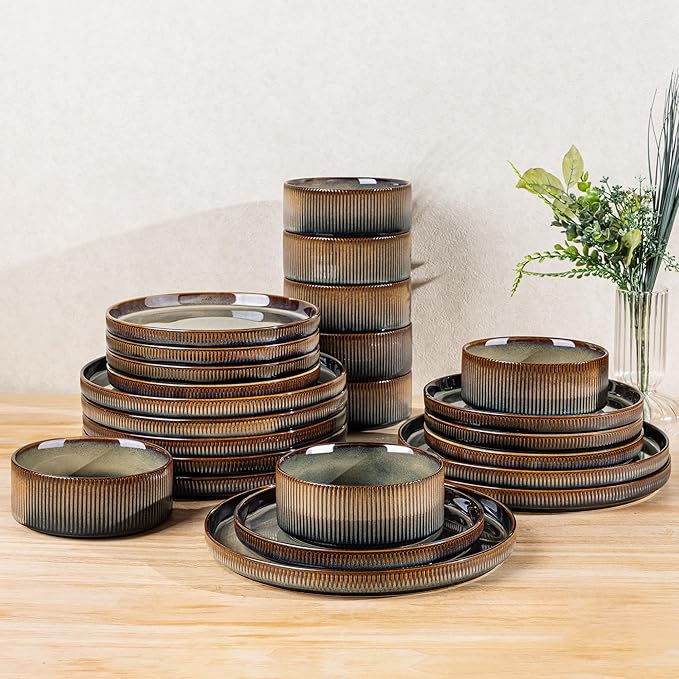 TheTerra Ceramic Dinnerware Sets for 8, 24 Pieces Porcelain Lightweight Speckled Plates and Bowls Sets, Scratch Resistant Dish Set, Oven & Microwave & Dishwasher Safe, Coca Mocha