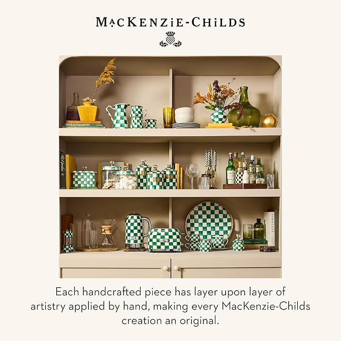 MACKENZIE-CHILDS Enamel Teacup, Unique Coffee and Tea Mug, Enamel Cup for Hot Tea, Green-and-White Emerald Check