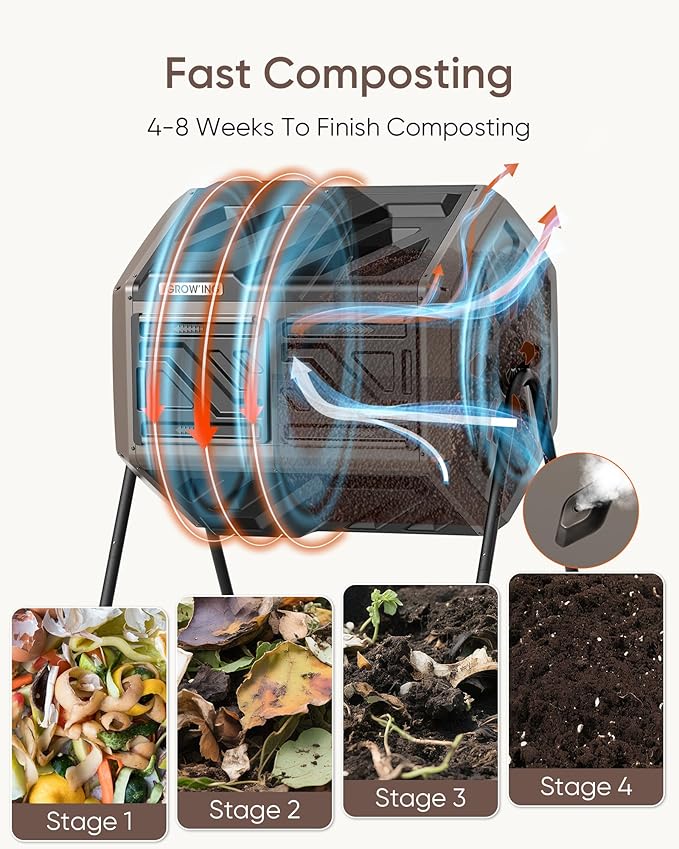 THEGROW'ING Updated 43 Gallon Compost Bin Outdoor, Fast Assemble Tumbling Composter, Dual Chamber Composter Tumbler, Rotating Compost Bin for Outside, Backyard, Garden and Yard, Coffee