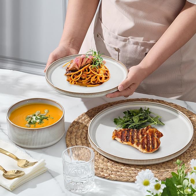 E-far 12-Piece Plates and Bowls Sets, Stoneware Dinnerware Dishes Sets for 4, Kitchen Modern Dining Dishware, Chip & Scratch Resistant, Microwave & Dishwasher Safe, Creamy Beige