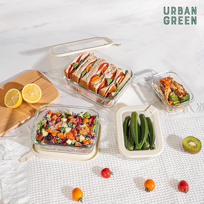 Urban Green Glass Food Storage Containers with Glass Lids, Microwave Safe Food Container Set, Aitight Meal Prep Container Set, LeakProof, 100% Plastic Free, 4 Pack