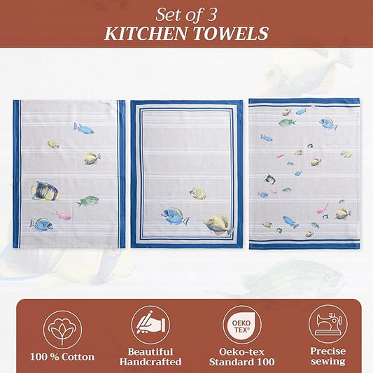 Maison d' Hermine Kitchen Towels Set of 3 100% Cotton 27.50" x 20" Reusable Cloth Tea Dish Towels Absorbent with Hanging Loop for Kitchen, Home, Dining, Cocktail Parties Spring/Summer (Poisson)