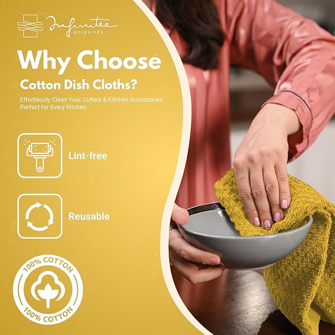 Infinitee Xclusives Premium Dish Cloth 100% Cotton 12 x 12 Inches |Pack of 4|-Ultra Soft Tea Towels - Highly Absorbent Kitchen Rags-Terry Dishcloth for Kitchen and Household Cleaning |Radiant Yellow|