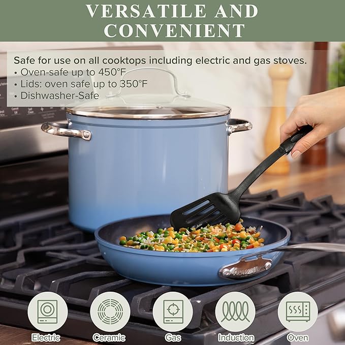 Nuwave Healthy Duralon Blue Ceramic Nonstick Cookware Set, Diamond Infused Scratch-Resistant, PFAS Free, Dishwasher & Oven Safe, Induction Ready & Evenly Heats, Tempered Glass Lids & Stay-Cool Handles