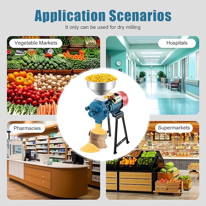 2200W Electric Grain Grinder Mill, 110V Commercial Dry Grinder for Corn Rice Wheat Spices Coffee, 60-120lbs/h Stainless Steel Mill with Adjustable Knob, for Home Kitchen Pharmacy Supermarket Use
