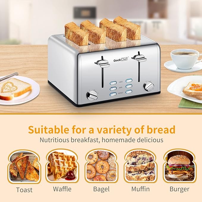 Geek Chef Stainless Steel Toaster 4 Slice, with Extra Wide Slots for Bagels, Removable Tray, Cancel/Defrost/Reheat Functions