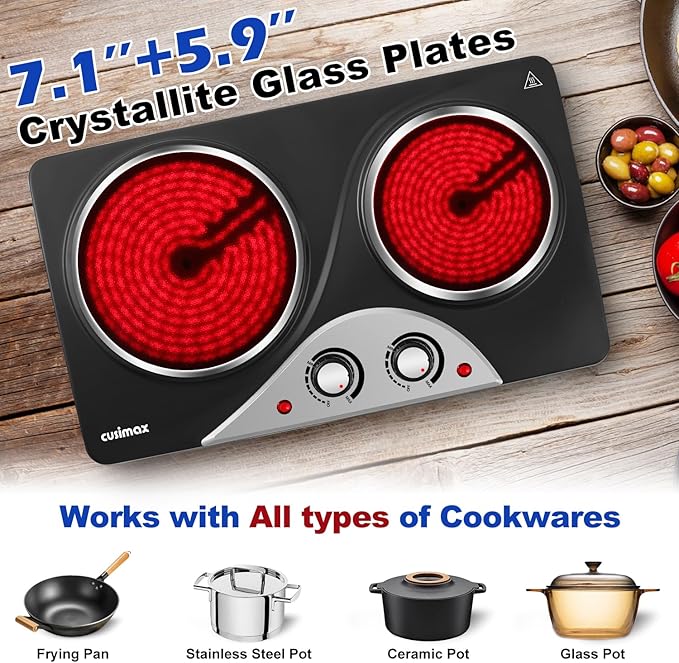 Hot Plate, CUSIMAX Electric Stove 1800W Double Burner, Portable Ceramic Infrared Cooktop, Dual Control Burners for Cooking, Heat-Up in Seconds, Compatible for All Cookwares, Black