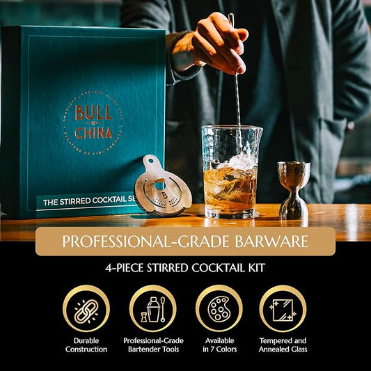 4 Piece Cocktail Kit by Bull In China - Premium Bartender Gift Set Includes Flagship Mixing Glass, 12 inch Barspoon, Bell Jigger & Hawthorne Strainer For Professional & Home Bars (Gold)
