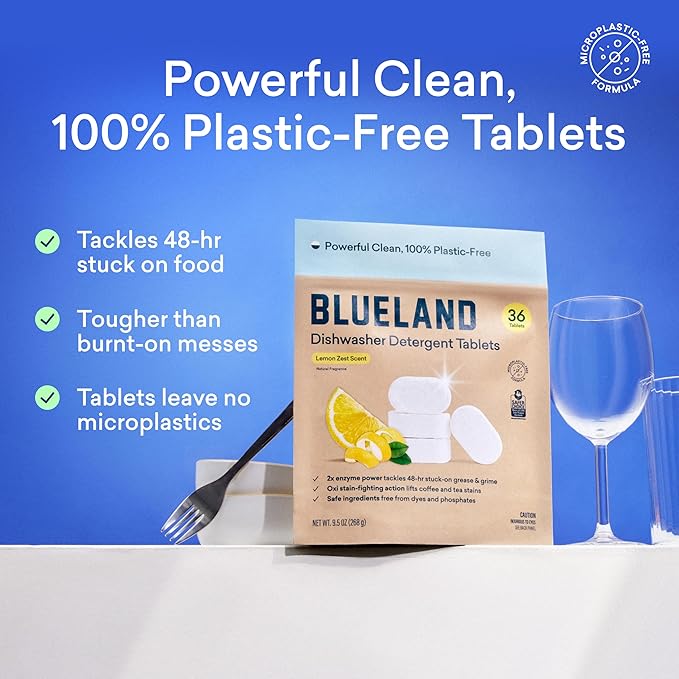 BLUELAND 100% Plastic-Free Dishwasher Detergent Tablets, 120 Count, Lemon Zest Scent, Eco Friendly Dishwashing Pods, Natural, USDA Certified biobased