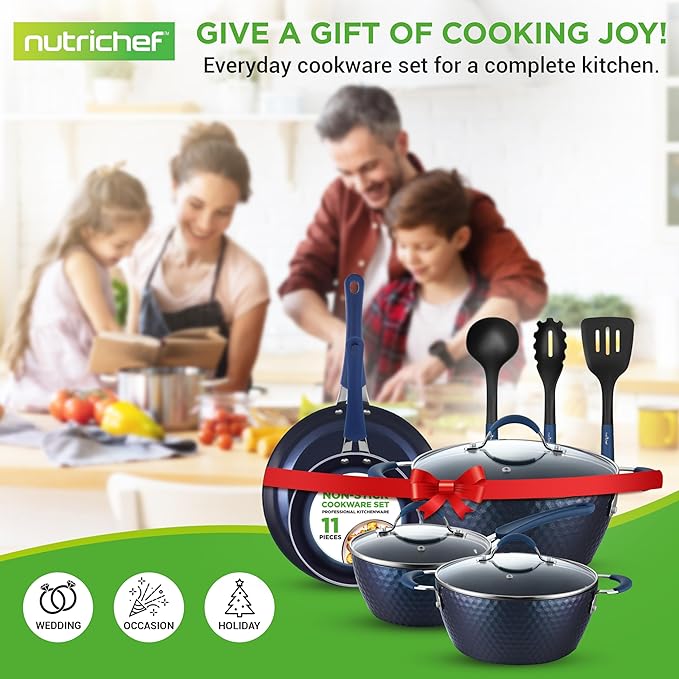 NutriChef 11-Piece Kitchen Cookware Set, Non-Stick Pots and Pans, Easy-to-Clean, Kitchen Utensils Set with Ceramic Coating for Home Cooking, Induction Safe, Diamond Pattern