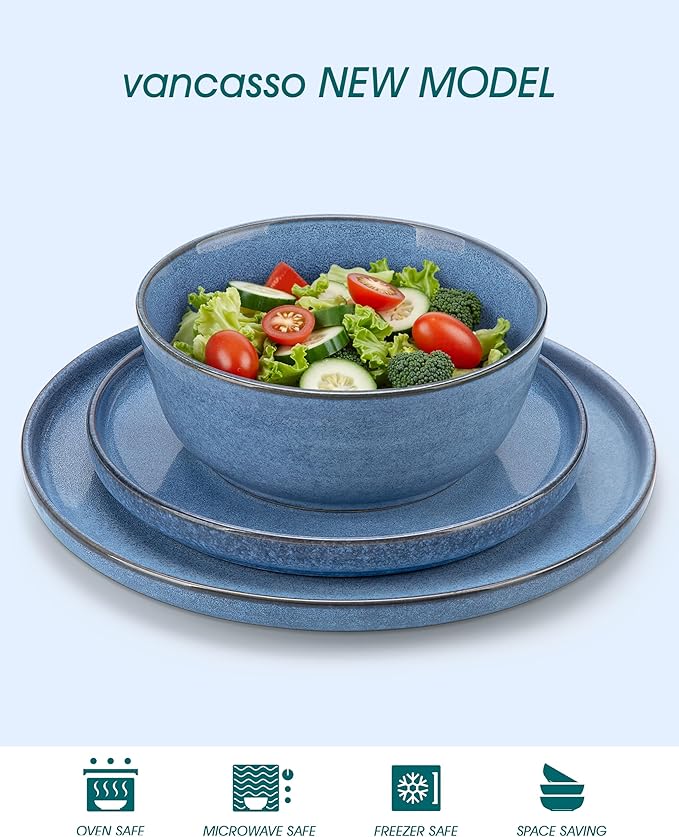 vancasso ANYA 24 Pieces Plates and Bowls Set, Blue Dinnerware Sets, Reactive Glaze Dishes Set for 8, Ceramic Dishware Sets Kitchen Dinner Set, Microwave & Dishwasher Safe