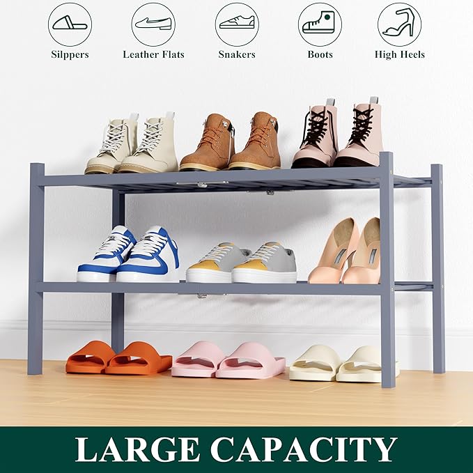 Smiry Shoe Rack, 2 Tier Thick Bamboo Shoe Organizer, Stackable Free Standing Wooden Shoe Storage Shelf for Closet, Entryway, Front Door Entrance, Grey