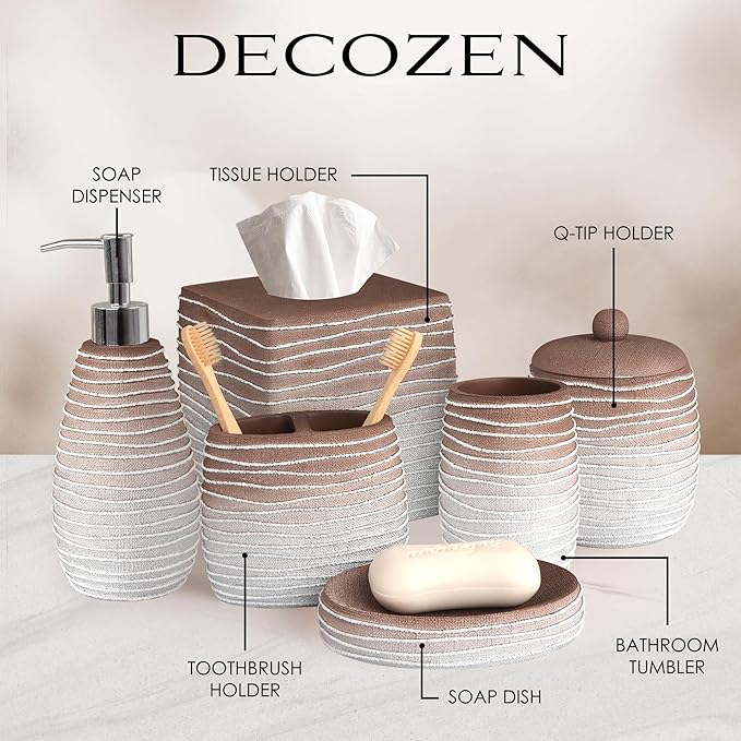 Decozen Bathroom Accessories Set 6Pcs – Soap Dispenser, Toothbrush Holder, Tumbler, Soap Dish & Cotton Swab Jar – Modern Bathroom Decor, Bath Set for Christmas Decor, Antonetta
