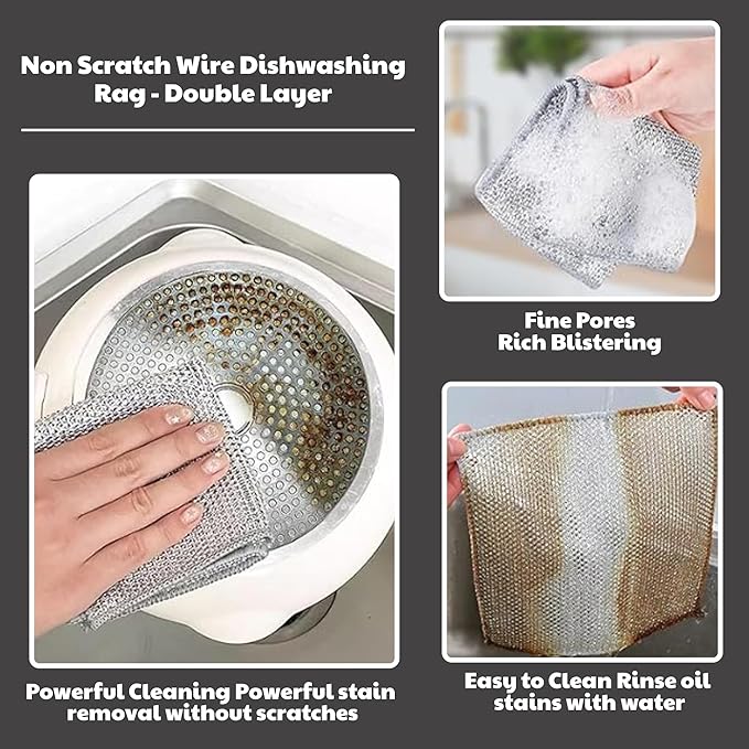 CrafTreat Non Scratch Wire Dishwashing Rag - Double Layer 10 Pcs, Reusable Multipurpose Wire Dishcloth for Wet & Dry Cleaning, Ideal for Kitchen, Sinks, Pots & Pans