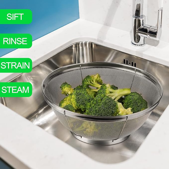 3 Pack Strainers for Kitchen, 18/8 Stainless Steel Colander, Fine Mesh Strainer for Pasta, Rice and Fruit, Sieve for Strain, Drain, Rinse or Steam (5-Quart, 4-Quart and 3-Quart)
