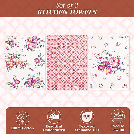 Maison d' Hermine Kitchen Towels Set of 3 100% Cotton 27.50" x 20" Reusable Cloth Tea Dish Towels Absorbent with Hanging Loop for Kitchen, Home, Dining, Cocktail Parties Spring/Summer (Rose Garden)