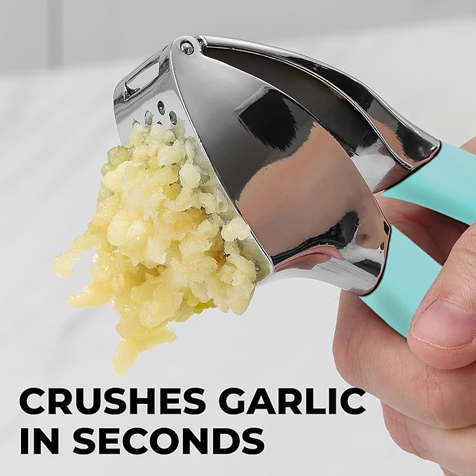 Zulay Kitchen Comfort Grip Garlic Press - Garlic Mincer Tool - Garlic Crusher - Garlic Press Mincer Rust Proof, with Soft Ergonomic Handle, Easy Clean Set with Peeler and Brush - Light Blue