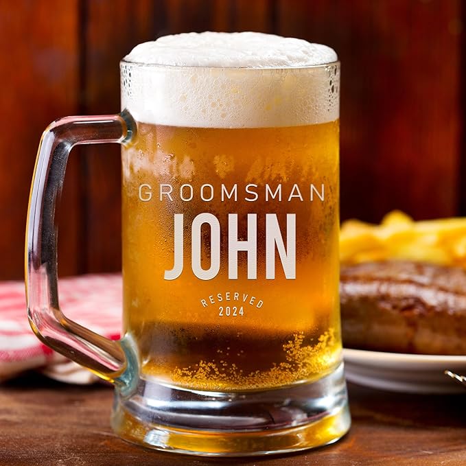 Groomsmen Gifts - Personalized Beer Mugs - Groomsmen Proposal Gift Idea - Customized Gift for Groom, Best Man, Groomsman - Custom Engraved Beer Mugs for Grooms Men - Groomsmen Beer Glasses (Design E)