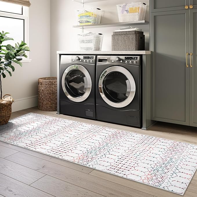 Lahome Moroccan Long Kitchen Rugs Runners - 2x8 Rug Runners for Hallways Low-Profile Non Slip Rubber Backed Carpet, Geometric Print Distressed Floor Mat for Entryway Laundry Room Foyer