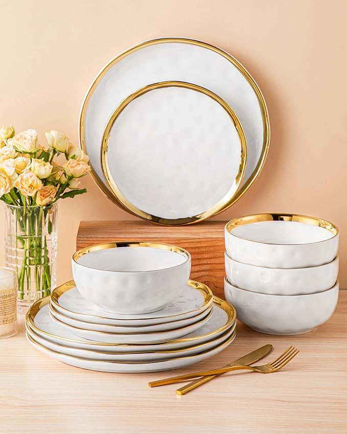 LOVECASA 12 Pieces Plates and Bowls Sets, Porcelain White and Gold Dinnerware Sets, Round Dinner Plates Dishes Set Service for 4, Dishwasher Safe and Scratch Resistant, White