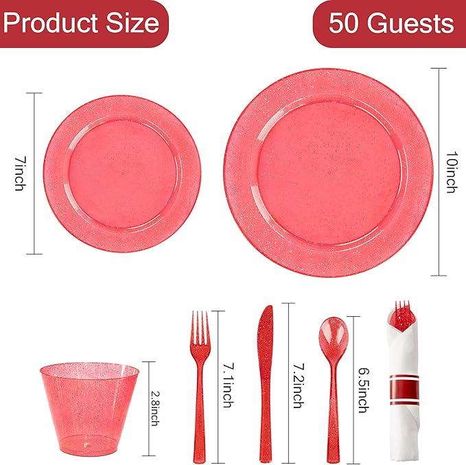 DaYammi 350 Pieces Red Glitter Dinnerware Set 50 Guest for Christmas Party- 50 Dinner Plates, 50 Dessert Plates -50 Per Rolled Napkins with Red Cutlery - 50 Disposable Cups 9 OZ