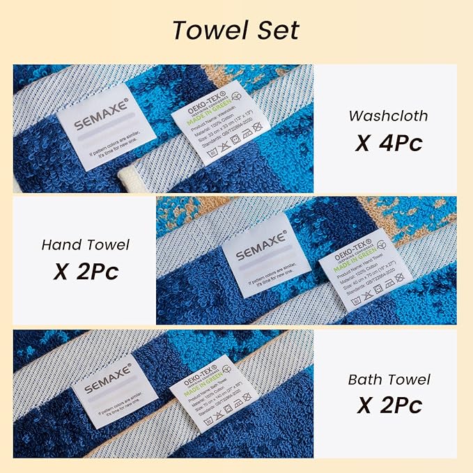 SEMAXE 18-Pack Bath Towel Set Include 6 Bath Towels, 6 Hand Towels, 6 Wash Cloths, 100% Cotton Bathroom Towels with Hanging Loops, Soft & Absorbent Towel, Colorful Towel - Beach Collection