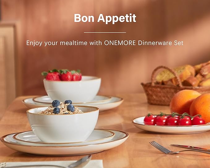 ONEMORE Plates and Bowls Set, Dinnerware Sets for 4, Porcelain Kitchen Dishes Set 12pcs, Scratch Resistant, Modern Aesthetic Dishware Sets- Microwave & Dishwasher Oven Safe,Farmhouse Style Cream White
