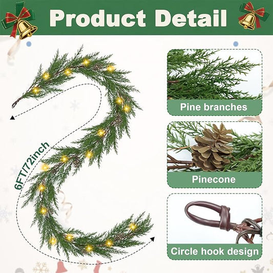 Artgar Christmas Cedar Garland, 6 Ft Realistic Pine Garland, Prelit Christmas Garland with 30 Warm Lights with 8 Light Modes for Mantels Stair Table Indoor Outdoor Winter Xmas Decor (Green)