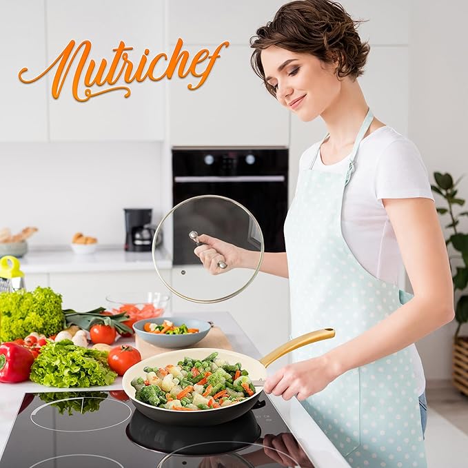 NutriChef 8 Inch Small Ceramic Coated Frying Pan - Nonstick Skillet with Silicone Handle, Easy to Clean, Even Heat Distribution, Compatible with Gas, Electric, Induction, Ceramic & Counter Cooktops