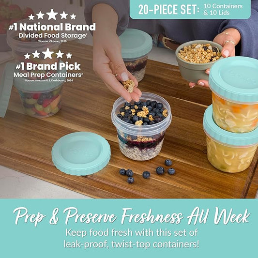 Bentgo Prep - 20 Piece 16 fl oz Leak-Proof Deli Containers with Lids, Food Storage for Meal Prep, Twist-Top, Reusable, PFAS & BPA-Free, Stackable, Microwave, Freezer, & Dishwasher Safe (Sea Blue)