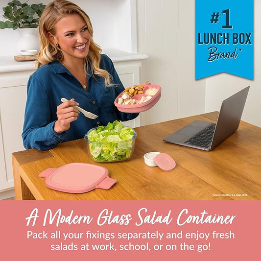 Bentgo Glass All-in-One Salad Container - Large 61-oz Salad Bowl with Lid, 4-Compartment Bento-Style Tray, 3-oz Sauce Container, and Reusable Fork - Dishwasher, Microwave, and Oven Safe (Coral)
