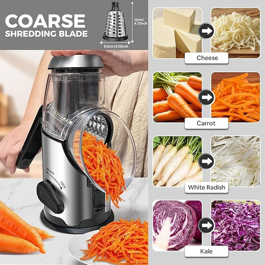 Airpro Rotary Cheese Grater with Handle - Vegetable Shredder with 3 Stainless Steel Blades & Strong Suction Base,Round Mandoline Slicer & Food Chopper for Kitchen