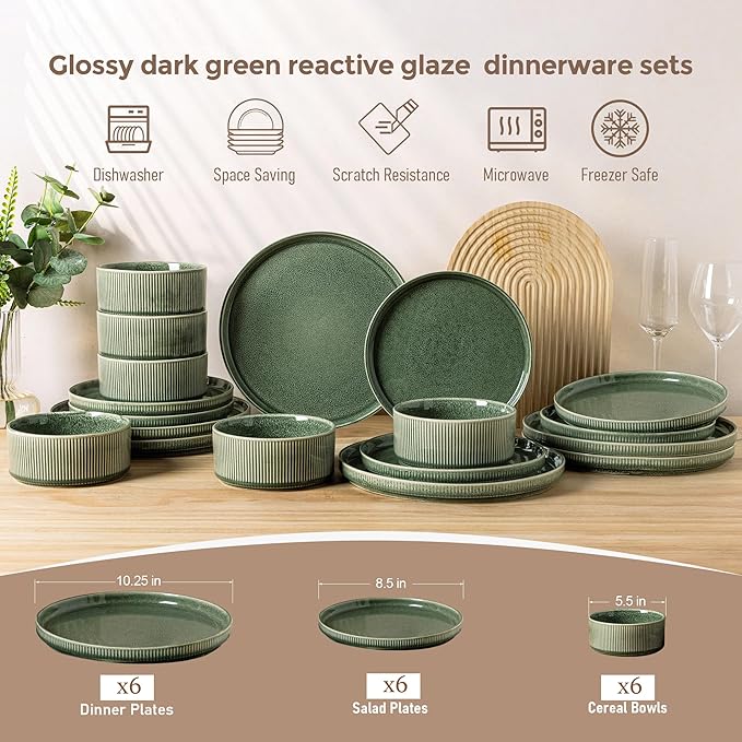 GBHOME Stoneware Dinnerware Sets for 6,Round Reactive Glaze Ceramic Plates and Bowls Set,Highly Scratch Resistant| Dishwasher & Microwave Safe Dishes Set,Service for 6(18Pcs),Dark Green