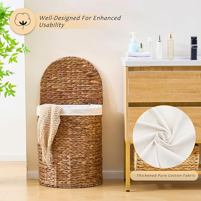 Water Hyacinth Laundry Hamper with lid, Half Moon Shape with 2 Removable Cloth Bags, Handwoven Boho Wicker Basket for Laundry Organization, Espresso
