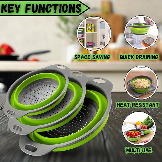 Collapsible Colander Set,Premium Food Grade Silicone Folding Strainers with Handles Space Saving Colanders for Draining Pasta,Vegetables & Fruits,Ideal for Kitchen & Travel (3pc)