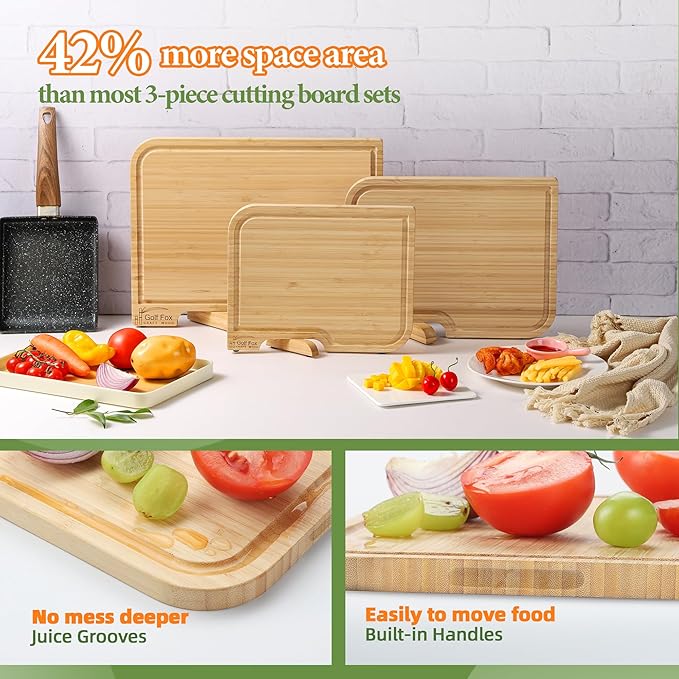 4-PCS Bamboo Cutting Board Set, Wood Cutting Board for Kitchen with Innovative Stand, Juice Groove & Handle, Double Sided for Chopping & Charcuterie Board, Kitchen Gift for Home Cooks, For Meat &Fruit